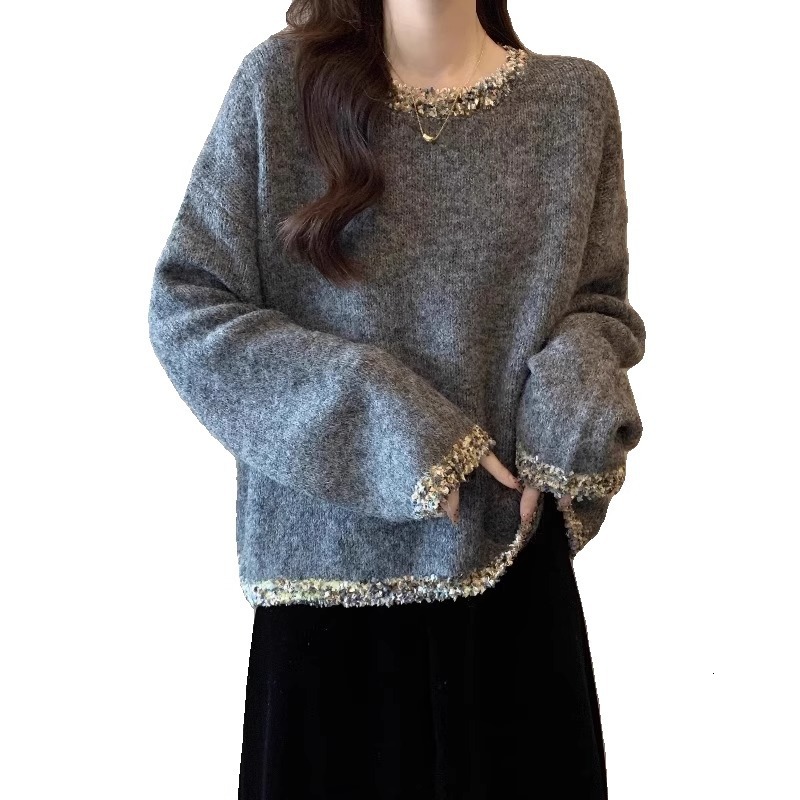 2025 French New Thick Craftsmanship Shiny Knitted Sweater Grey Women's Sweater Autumn/Winter Plus Size Fat MM Basic Shirt design Lightweight Desi