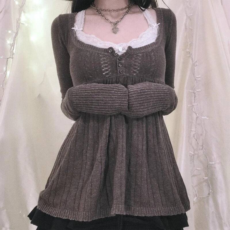2000s Vintage Long Sleeve Babydoll Knitted Sweater Tops Cottage Milkmaid Pullovers Aesthetic Grunge Y2k Knitwear T-shirts Women dongdumaoyi
