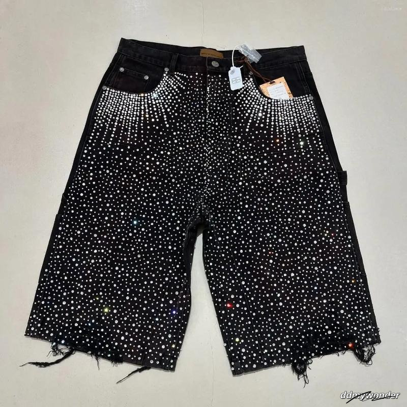 Men's Shorts Streetwear Couple Vintage Rhinestone Sequined Denim Cowboy Hip Hop Loose Sport Casual