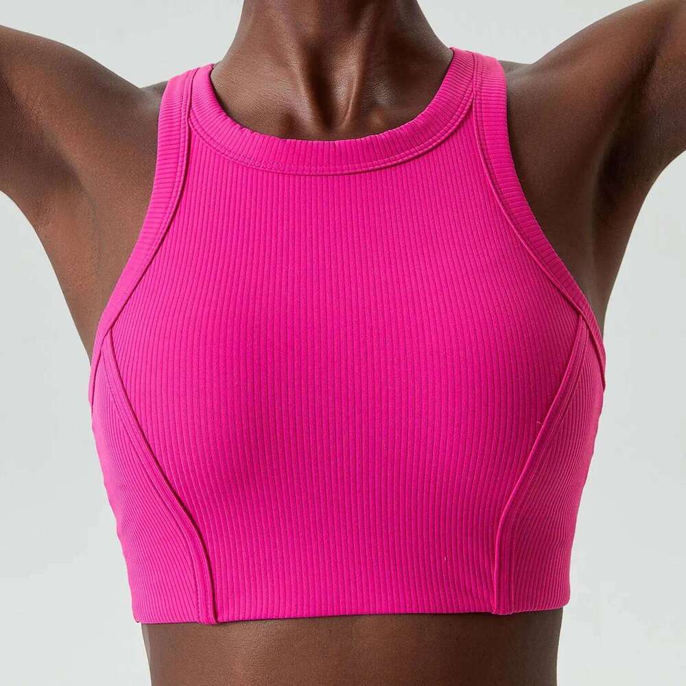 High Impact Fiess Yoga Bra Super Stretch Round Neck Gym Crop Top Ribbed Fabric Sleeveless Running Vest Female Sportswear