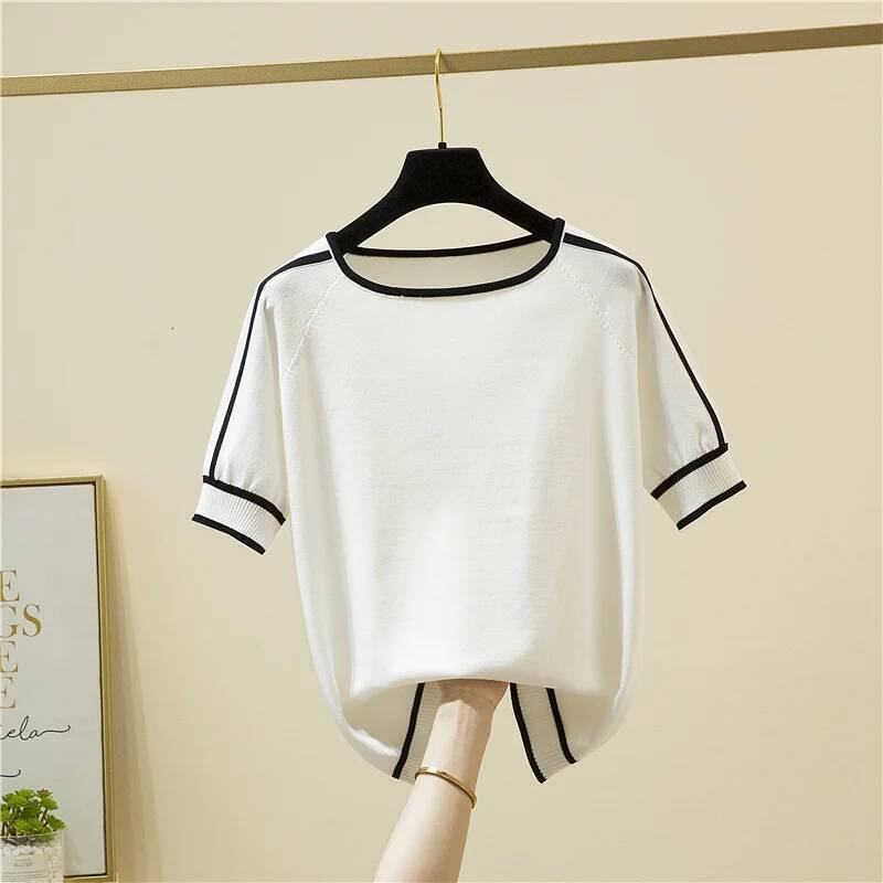 Casual Thin Knitted T-Shirt Camisetas Mujer Summer Short Sleeve Tops Elegant Woman Clothes Striped Fashion Tee Shirt Femme 18841 dongdumaoyi