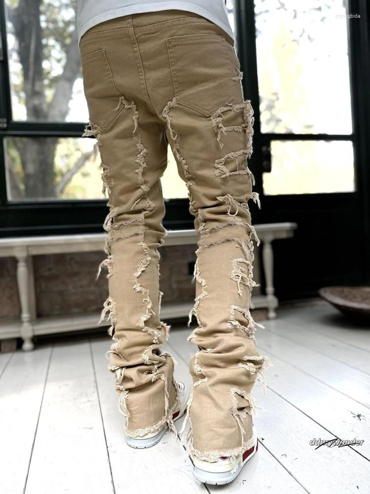 Men's Jeans Autumn Solid Fashion Mid Waist Patchwork Long Pants Male Streetwise Stretch Patch For Men Bottom Baggy Clothing