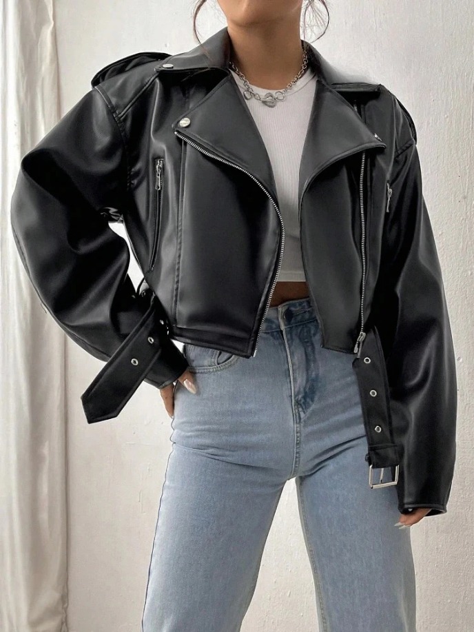 Women's Leather Outerwear Revival Jacket Belt Shoulder Badge Zipper Lapel Jacket Handsome Washed Leather Motorcycle Clothing