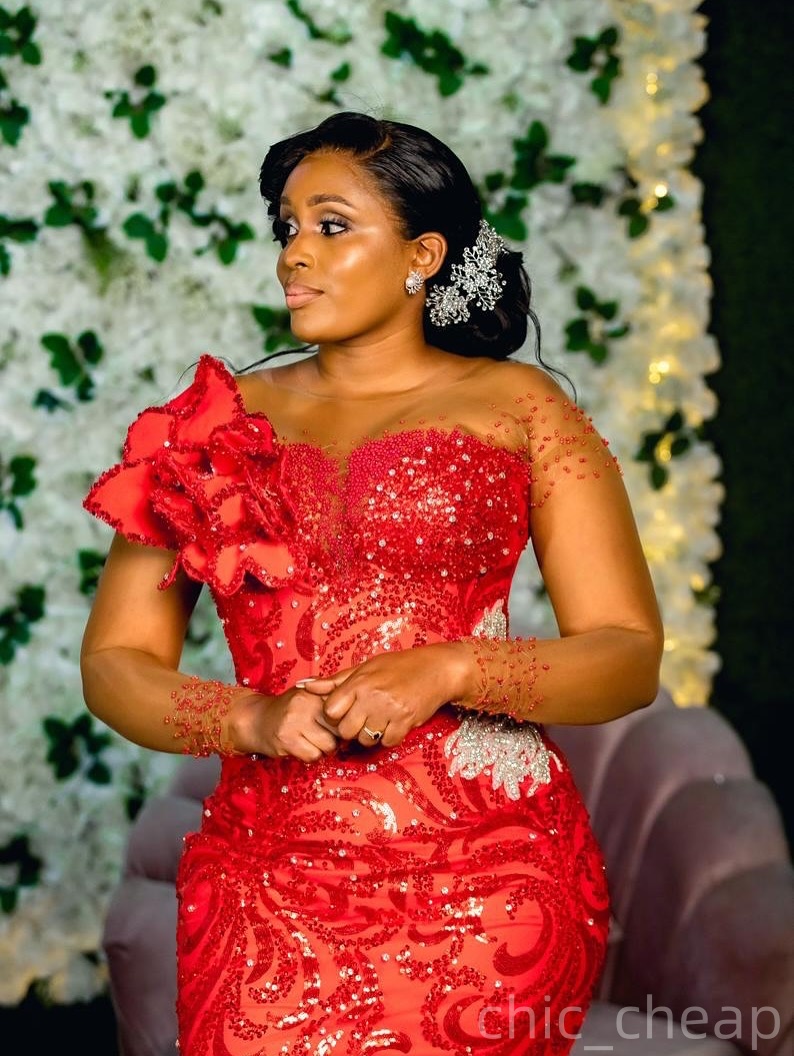 Mermaid Red Prom Dresses 2025 Full Sleeves Beaded Flowers Sequined Lace Evening Formal Party Second Birthday Engagement Gowns Plus Size Dress For Spec