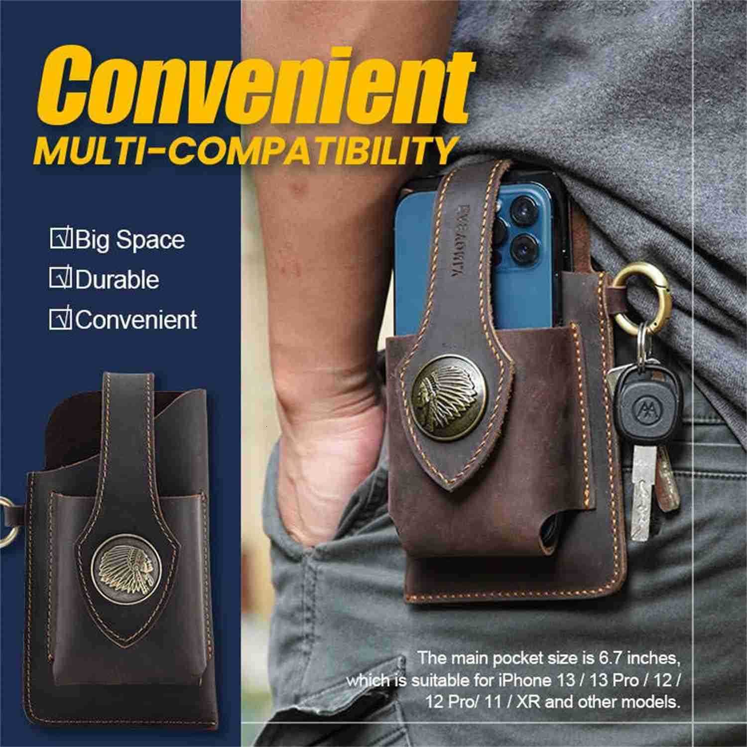 New Multifunctional Leather Mobile Phone Bag with Belt Clip Premium Rugged Leather Cell Phone Holster with Belt Loop Belt Phone Pouches Holder for All