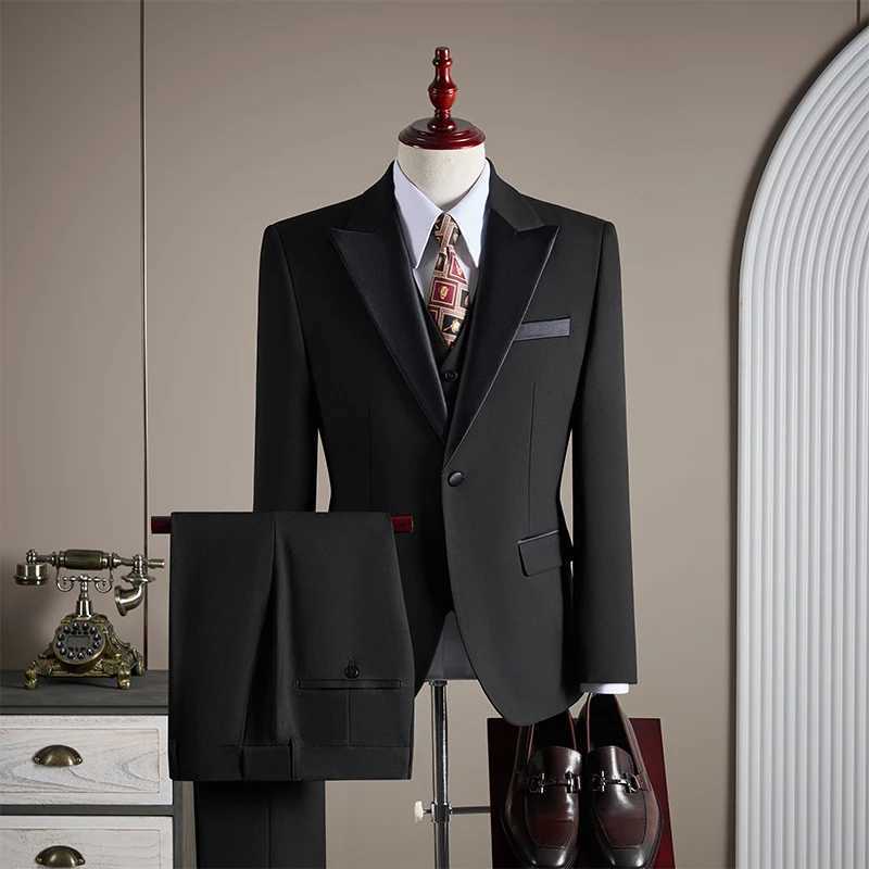 Highquality fashionable and stylish woolen tasto suit set grooms wedding dress threepiece set mens business suit W250910