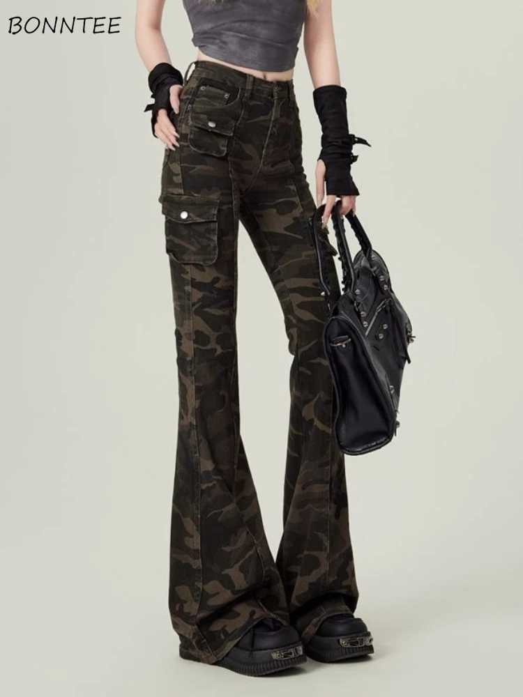 High Waist Jean Women Camouflage Cargo Style Skinny American Streetwear Aesthetic 2000s Y2k Jeans Flare Trousers Designed Chic Z250910