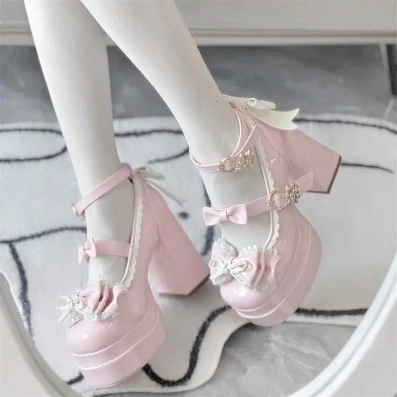 Lovely Girls Lolita Bowknots Platform Block Heels Shoes Platform Female Students Sweet Highheeled Delicate Elevator Mary Janes W250910