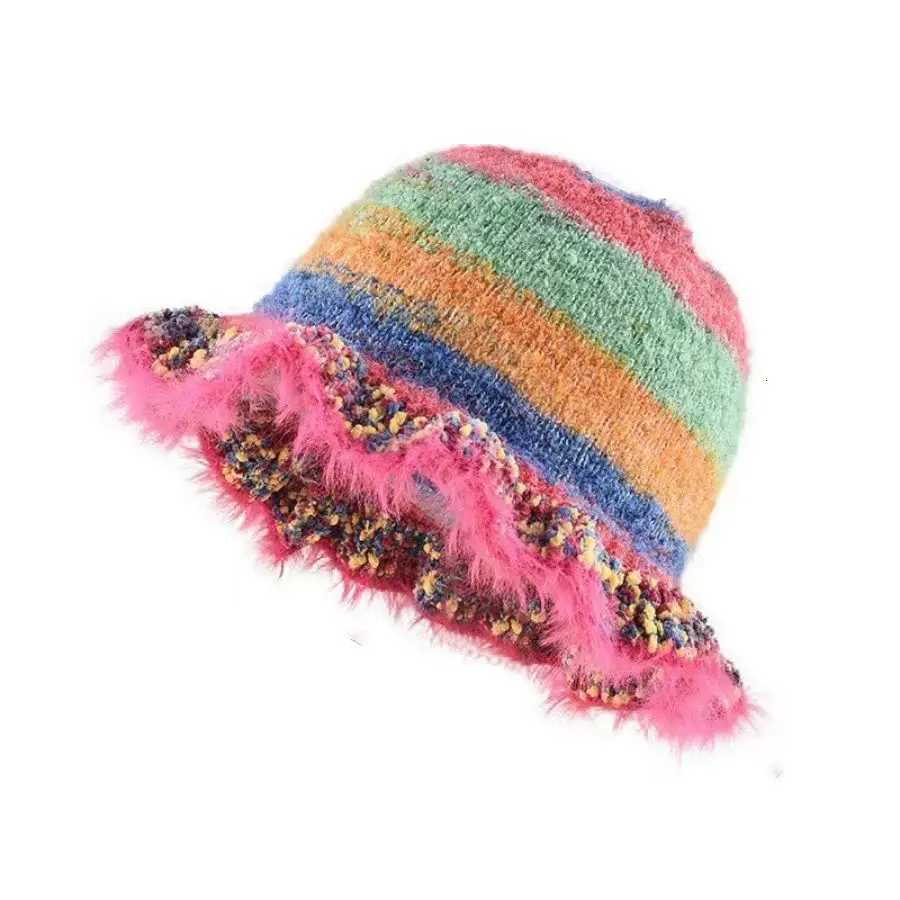 Ins Color Gradual Change Striped Wool Hat Autumn Winter Cute Handmade Plush Hat Big Head Circumference Knitted Bucket HatXJ250910