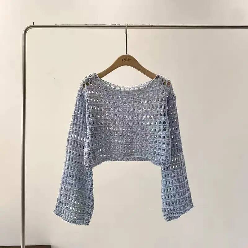 Fishnet Crochet Top Long Sleeve Crop Pullover Women Summer Cover Up Open-knit Blouse Y2K Grunge Outfit dongdumaoyi