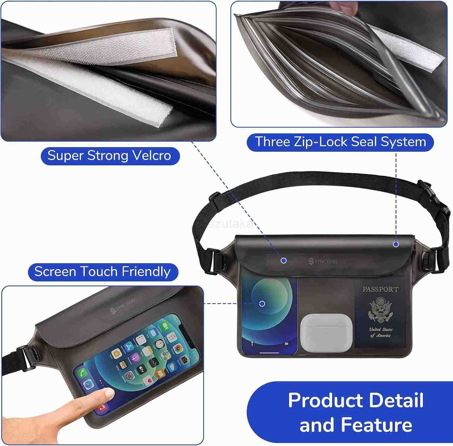 Waterproof Pouch Bag with Adjustable Waist Strap 2 Pack IP68 Waterproof Waist Bag Screen Touchable Dry Bag with Adjustable Belt for Beach Swimming Boa