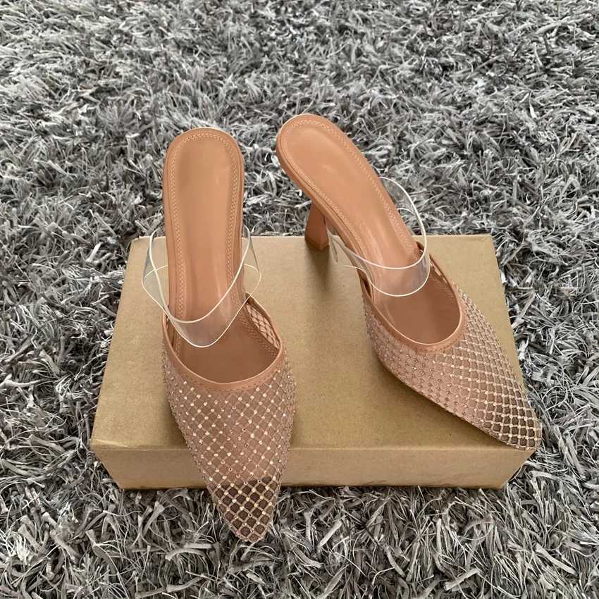 2025 Women High Heels Sandals Summer Elegant Pointed toe Fashion Mesh Rhinestone luxury designer Party Lady Mules Shoes W250910