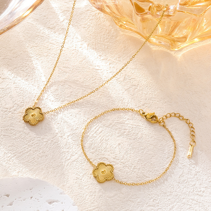 Non-Fading Fashion Titanium Steel Necklace Versatile Gold Five-Flower Four-Leaf Clover Set Earrings Bracelet for Women