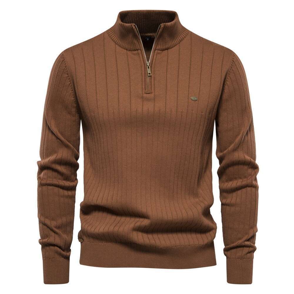 New Autumn and Winter European Style Stand Up Collar Sweater with Half Zipper, Solid Color Knit Sweater, High-Quality Men's Clothing