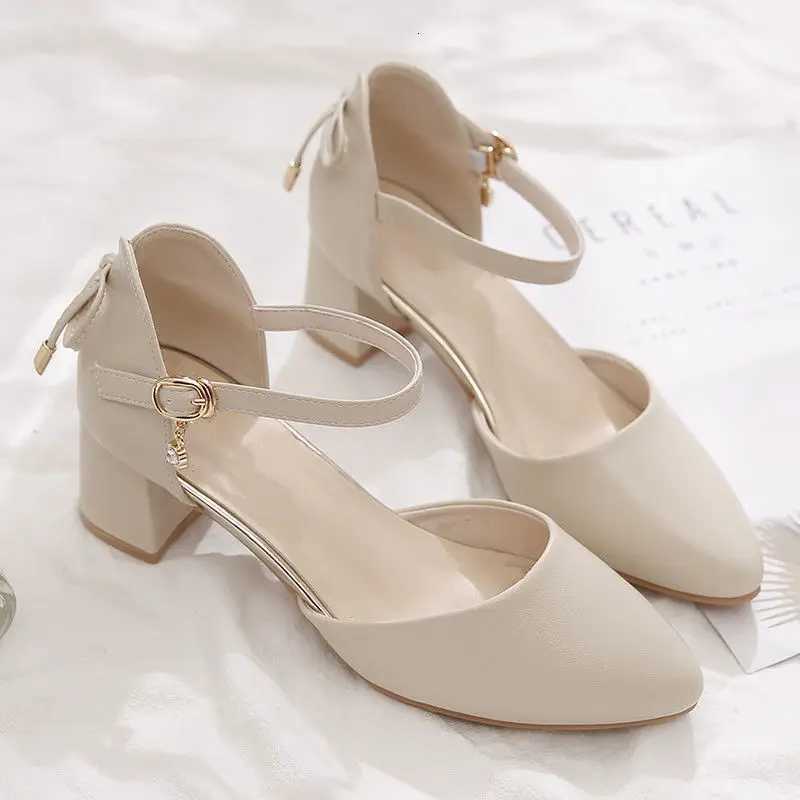 FHC Bowtie High Heels Women PumpsPointed toe Single Shoes WomanAnkle Strap SandalsBlock Heel Footware for Office LadyBeige W250910