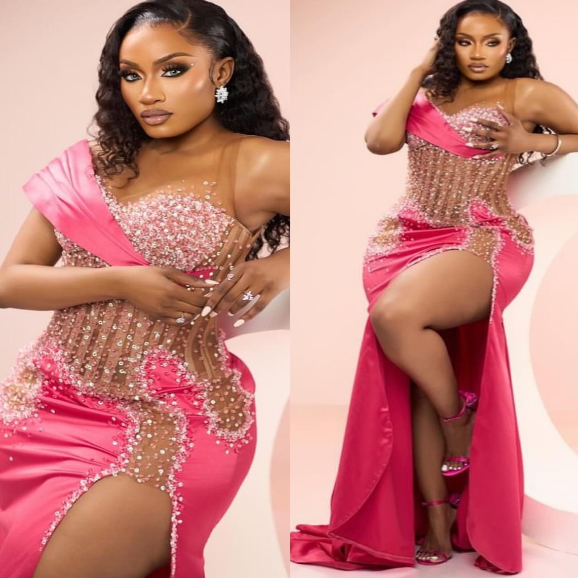 Mermaid Fuchsia Prom Dresses 2025 Illusion Beaded Satin High Split Evening Formal Party Second Birthday Engagement Gowns Plus Size Dress For Special O
