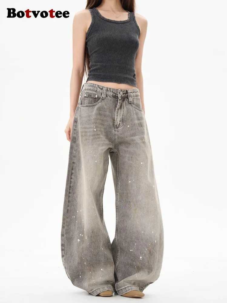 Botvotee American Vintage Splatter Paint Gray Baggy Jeans for Women High Waisted Wide Leg Y2k Loose Streetwear Jean Denim Pants Z250910