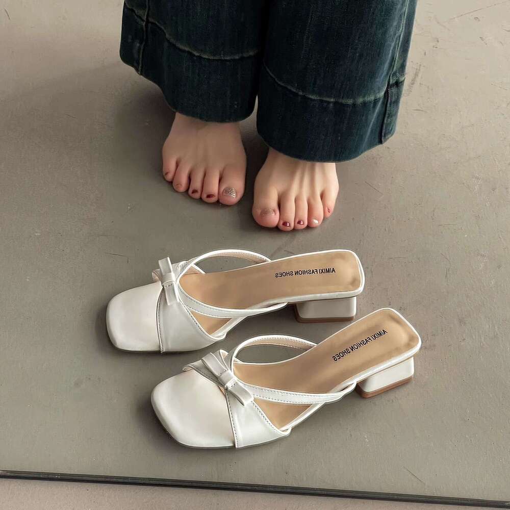 35-42 Evening French Style Squ Toe Bowknot Slip-On for Women Spring Summer New High-End Feel Outdoor Wear with Dress Sandals