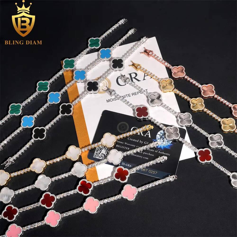 Fashion Flower Clover Leaf Moissanite Tennis Chain Moissanite Bracelet 925 Silver 3mm Moissanite Bracelet Pass Diamond test