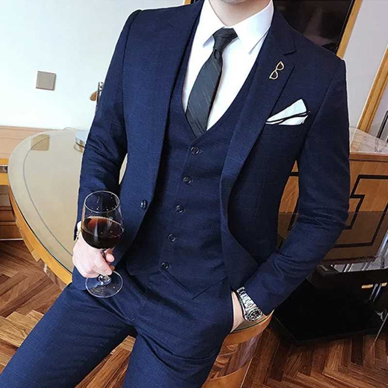 Blue Men Classic StripedChecked Suits Business Office 3 Piece Sets Asian Size Mens Dress Suits BlackGray Available M4XL W250910
