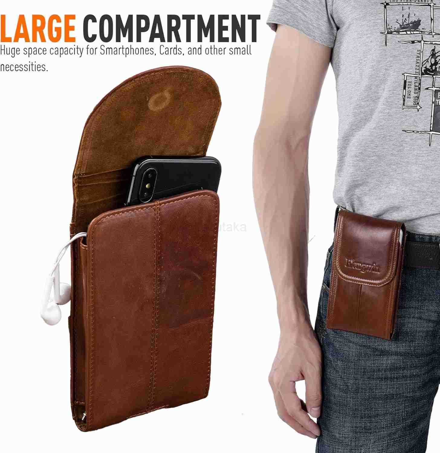 Genuine Leather Cell Phone Holster for Belt Men Vertical Phone Holder Belt Pouch Fits for iPhone 15 Pro Max 14 Pro Max 13 Pro Max S24 Ultra Note9 Ca Z