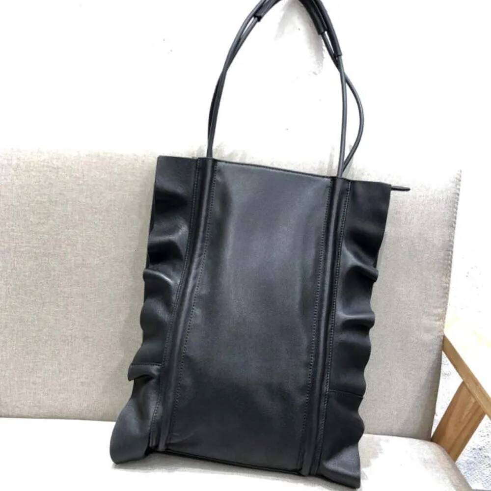 Women Genuine Leather Shoulder Bags Simple Special Design Manual Ruffle Edge Bucket Handbags Female Cowhide Bolsa Feminina Tote high-quality