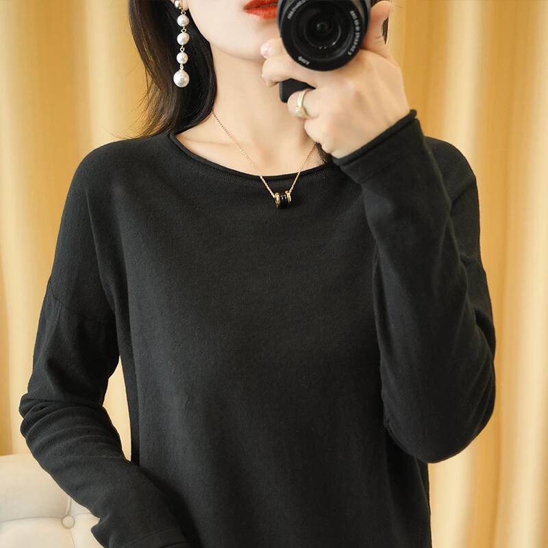 100% Women Knit Crimped Edge O-Neck Pullover Bottoming Pure Cotton Sweater Spring Autumn New Tops Clothes dongdumaoyi