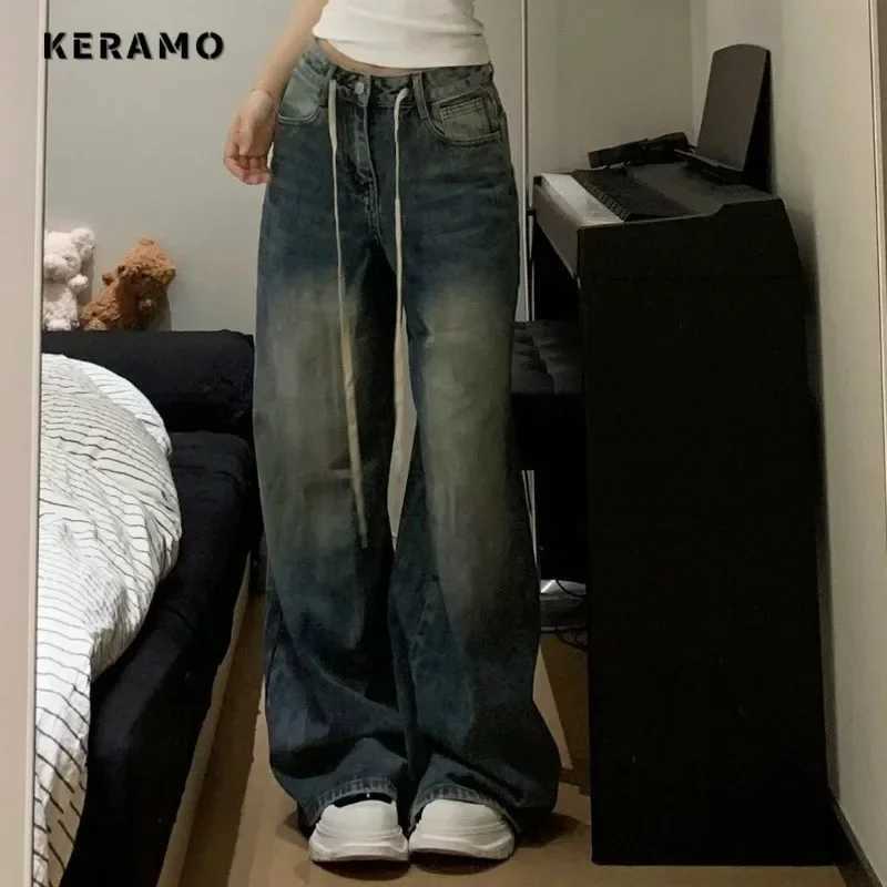 Harajuku Vintage Drawstring High Waist Loose Jeans 2023 Autumn Pants Winter Womens Y2K Wide Leg Baggy Streetwear Denim Trouser Z250910
