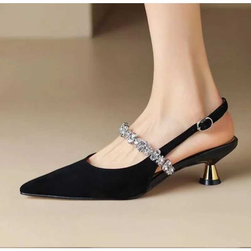 New Black Silver Low Heels Sandals Women Shiny Crystal Straps Pointed Toe Sandals Woman Slingbacks Pumps Ladies Shoes W250910
