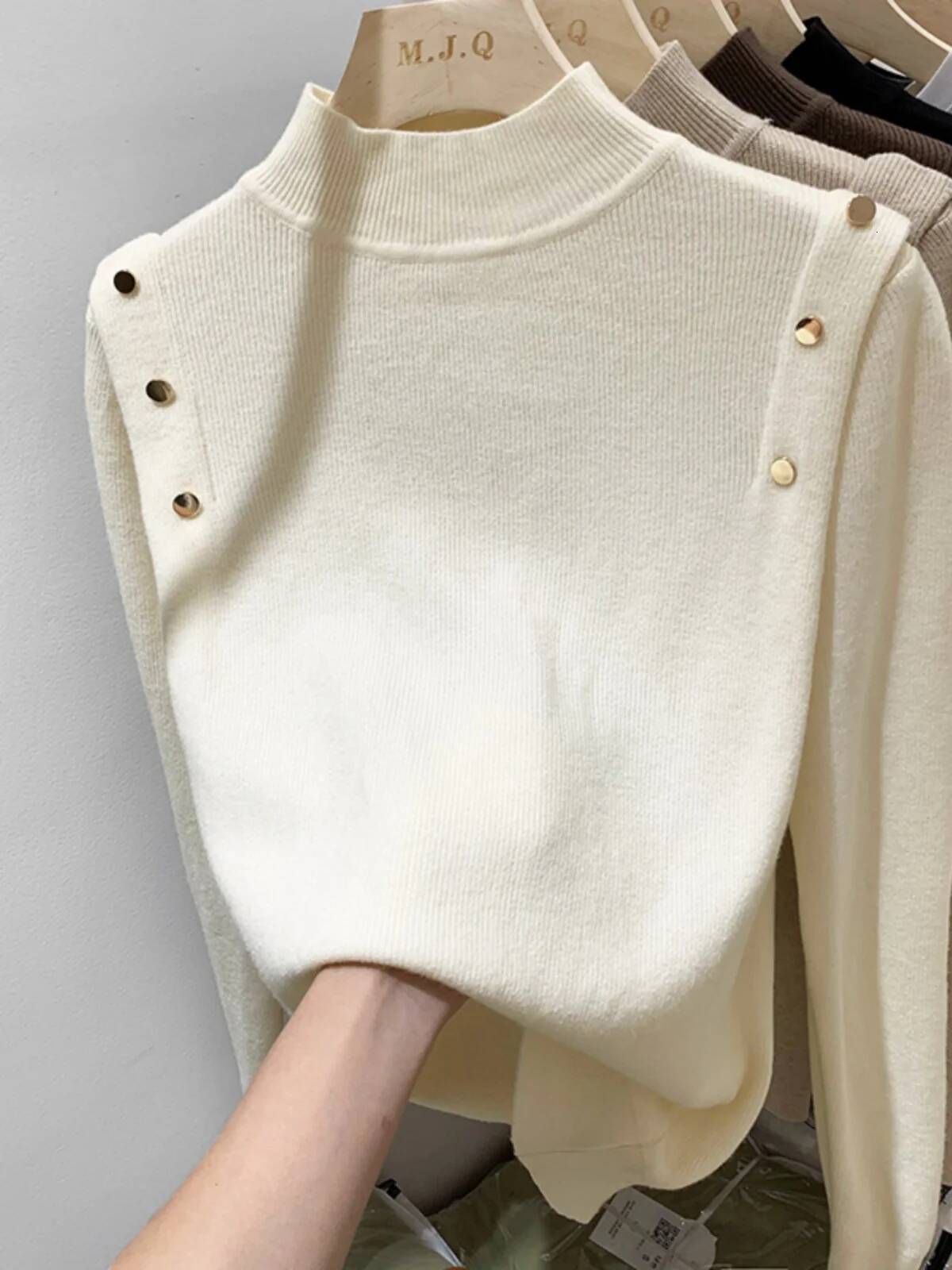 AOSSVIAO 2025 Button Turtleneck Knitted Sweater Pullovers Autumn Winter Basic Women Sweaters Fit Soft Warm Tops dongdumaoyi