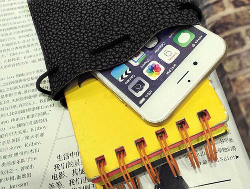 Litchi Stria Drawstring Soft PU Leather Fashion Shoulder Bag Neck Bag Cellphone Case Cover Pouch Coin Wallet Hand Purse Carry Gadget Bag Black Z250910