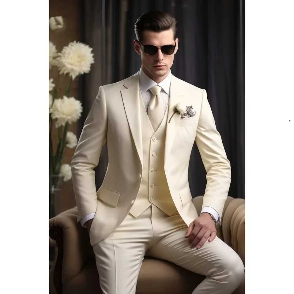 Ivory Notch Lapel Men Suits 3 Piece Summer Fashion Single Breasted Smart Casual Suit Slim Formal Groom Wedding Tuxedo 2025 W250910