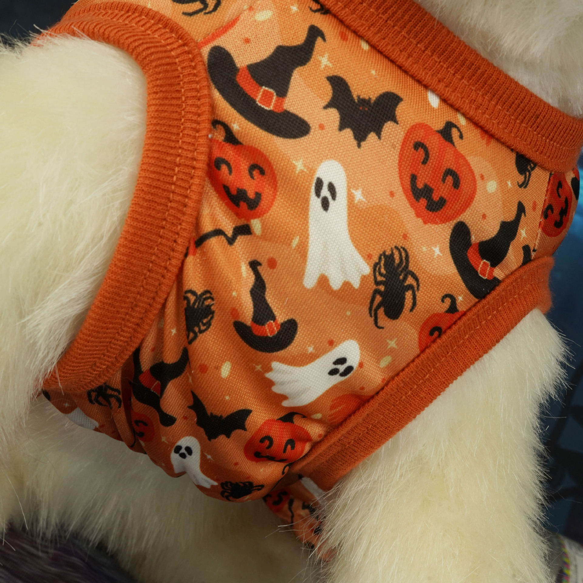 Halloween Dog Dress, Cotton Pet Apparel with Pumpkin Ghost Bat Spider Print & Big Orange Bowknot, for Dogs 2-14kg, Perfect for Halloween Parties, Tric