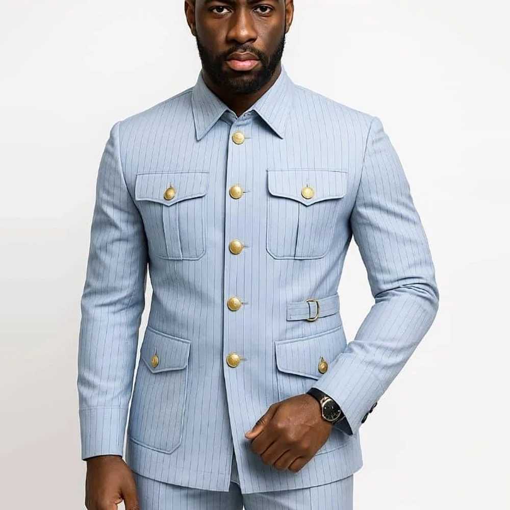 Formal Mens Suits Stripe Stand Lapel Single Breasted Slim Fit Male Clothing High Quality Daily 2 Piece Jacket Pants Outfits W250910