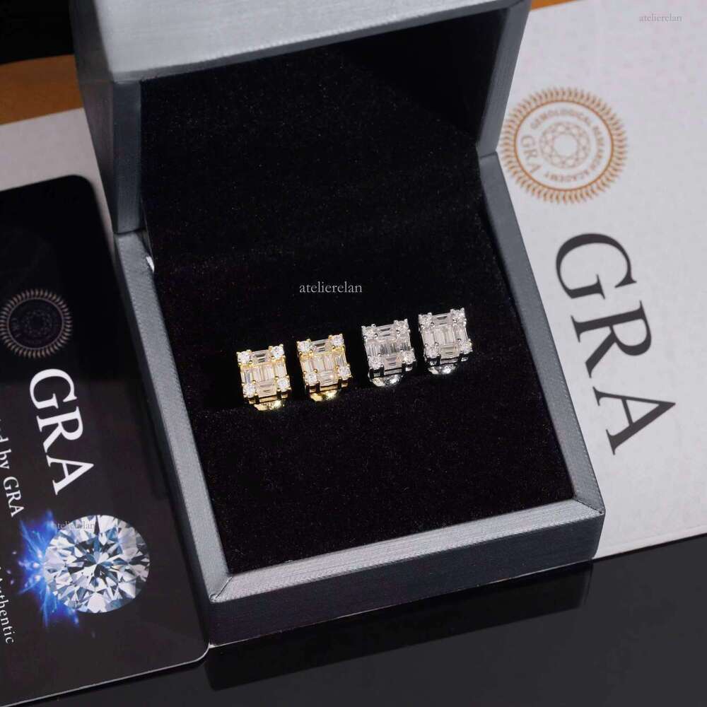 Jewelry Sier Emerald Cut Moissanite Dia Bling Special Design Iced Out Square Stud Earrings for Men