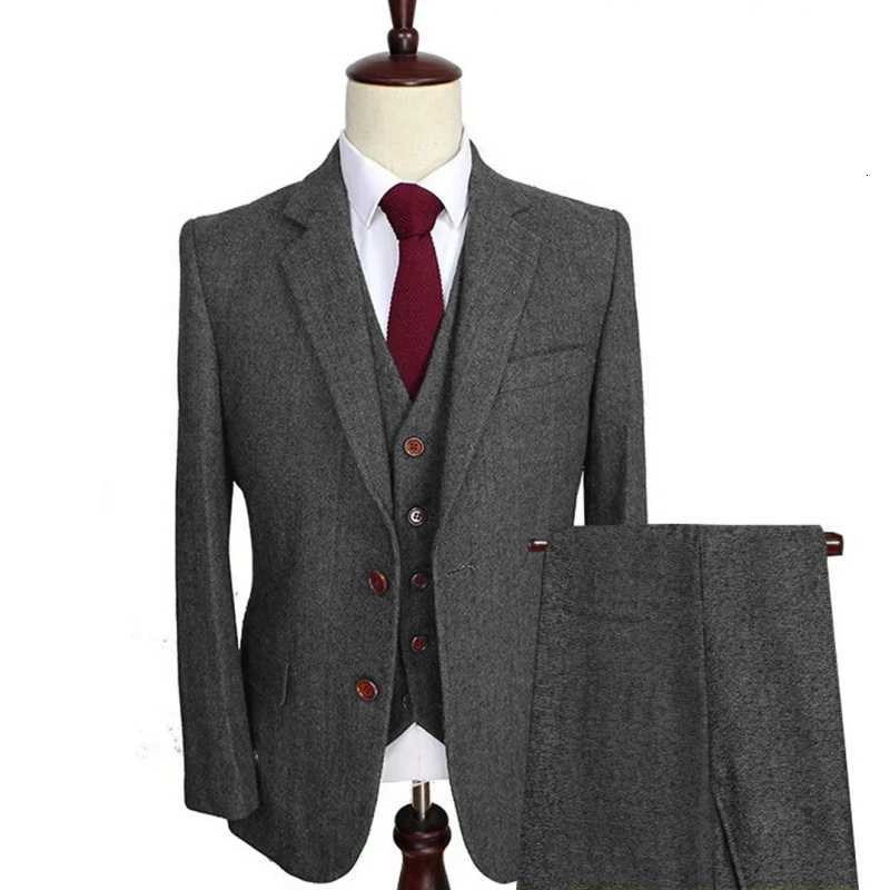 Men Suit 3 Pieces Army Green Tweed Formal Lapel Notch Regular Wedding Groom Banquet Work Tuxedos Set Jacket Vest With Pants W250910
