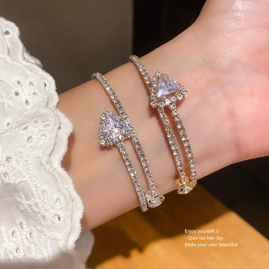 Silver-Tone Double-Layer Open Bangle With Large Trillion-Cut Crystal & Full Pave Crystal Detailing, Luxe Sparkly Style, Perfect For Elevating Glamorou