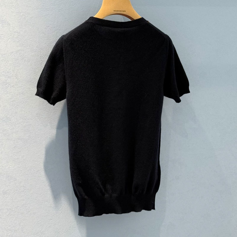 Luxury Ladies Diamond Knit Short Sleeve Top Designer Y2K Cashmere Round Neck Fitted Blouse Classic Versatile Fashion Clothing S0921