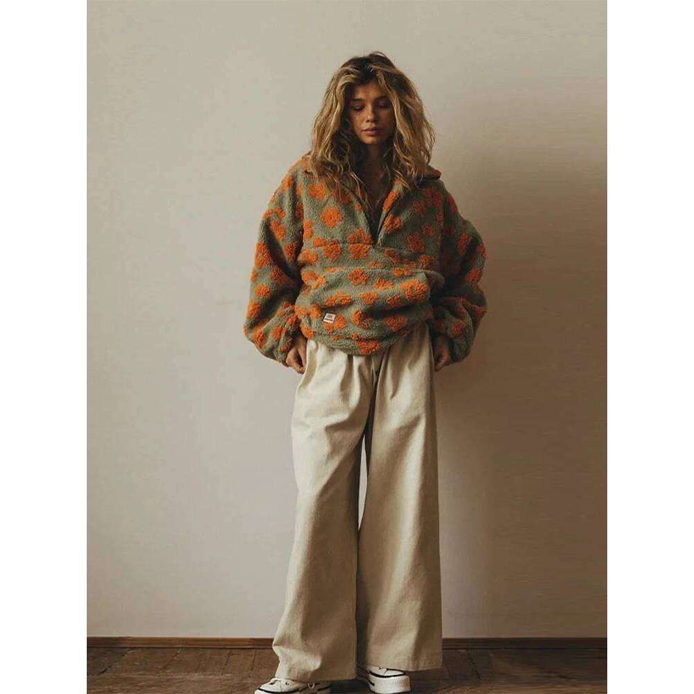 Designer Clothing 2025 Fashionable Long Sleeve Zipper Hoodie Loose Fit Lamb Fur Printed Women's Spring New Arrival Cross-Border Clothing Streetwe