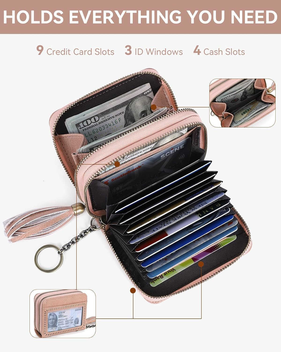 CARD Holder Wallet RFID Double Zipper Small Wallet for Women Leather Keychain Wallet with Tassel PinkZ250910