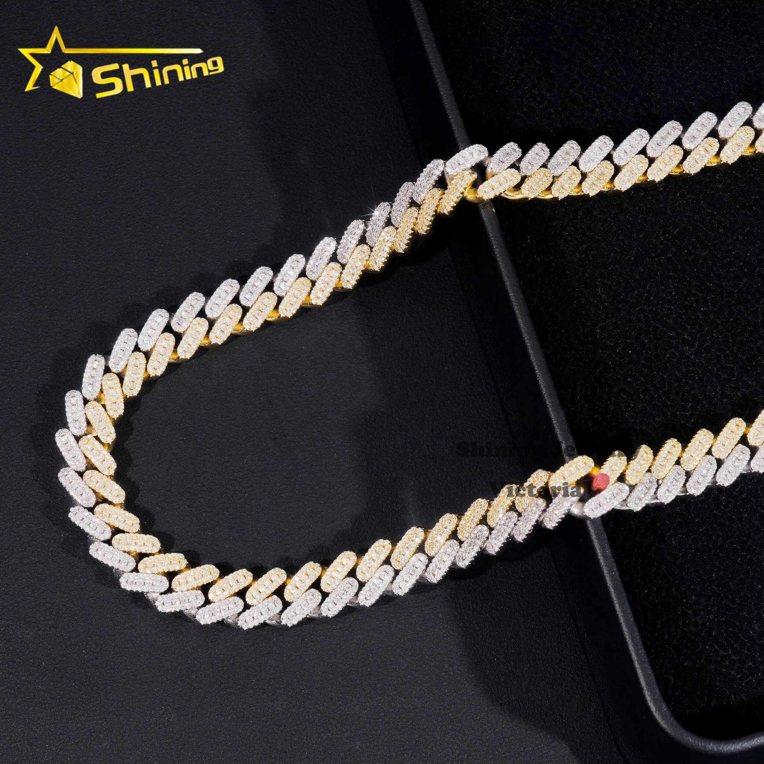Trendy Pass Diamond Tester Charm Necklace 10MM Three Rows Two Tone Gold Plated 925 Silver Moissanite Diamond Cuban Link Chain