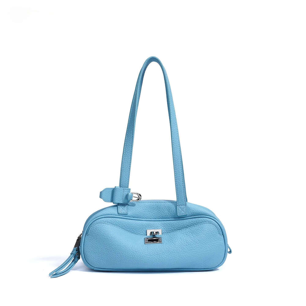 2025 Summer All-Match Ice Blue Pink Color Head Layer Cowhide Leather Long-Handle Tote Soft Calfskin Women's Armpit Shoulder Bag