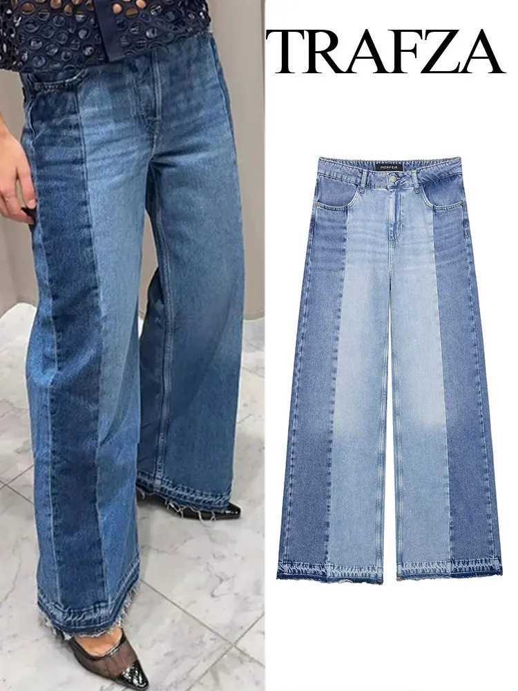 TRAFZA 2025 Summer Womens Fashionable Spliced loose Widefoot Jeans Retro High Neck Pocket Decoration Womens Streetwear Y2K Z250910