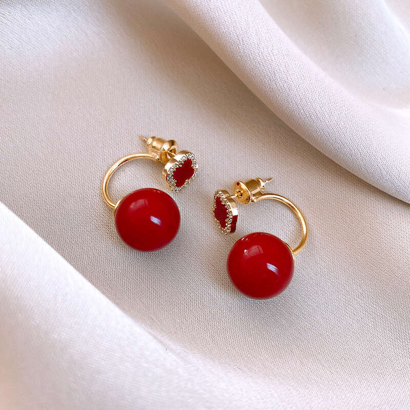 Real Gold Plated Sier Needle Red Round Bead Zircon Flower Niche Design Earrings French High-end Sense Ear Jewelry