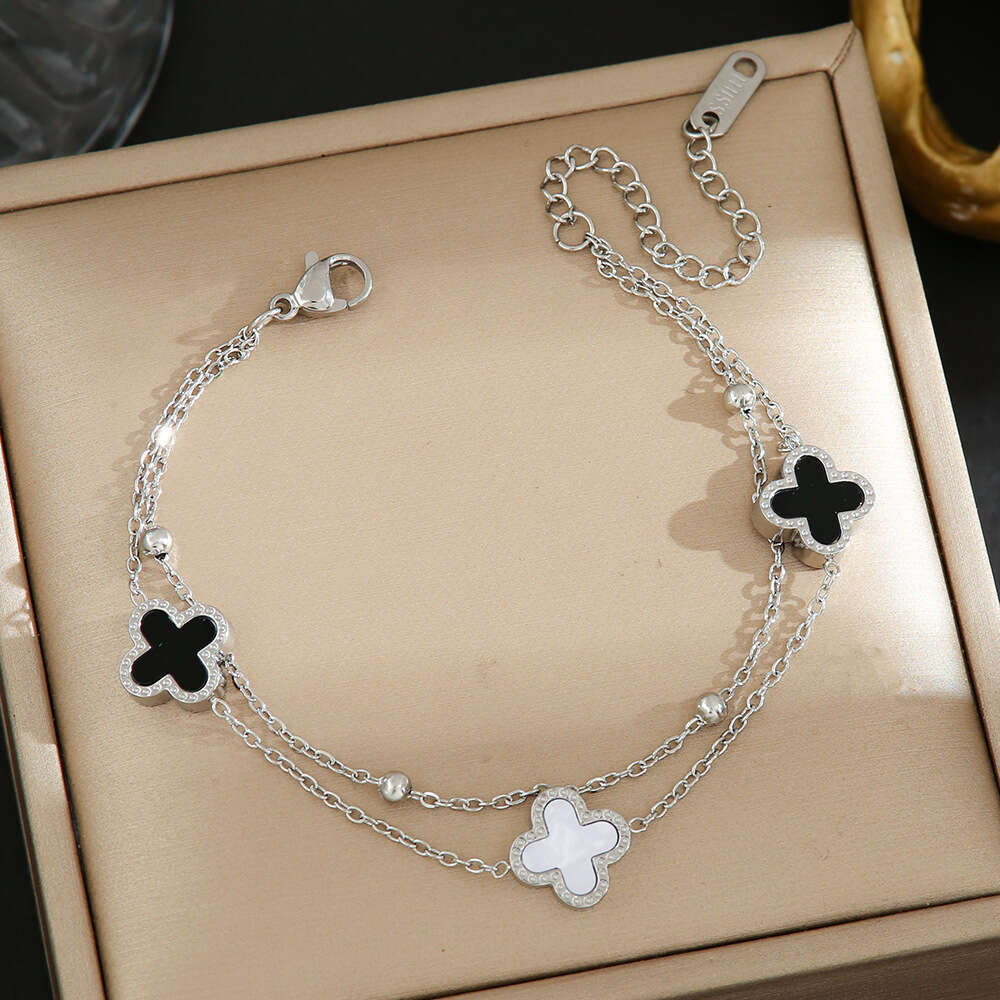 Korean Style Simple Double-Sided Four-Leaf Clover Bracelet for Women Fashion Double Layer Chain Titanium Steel Gold Sweet Temperament Jewelry