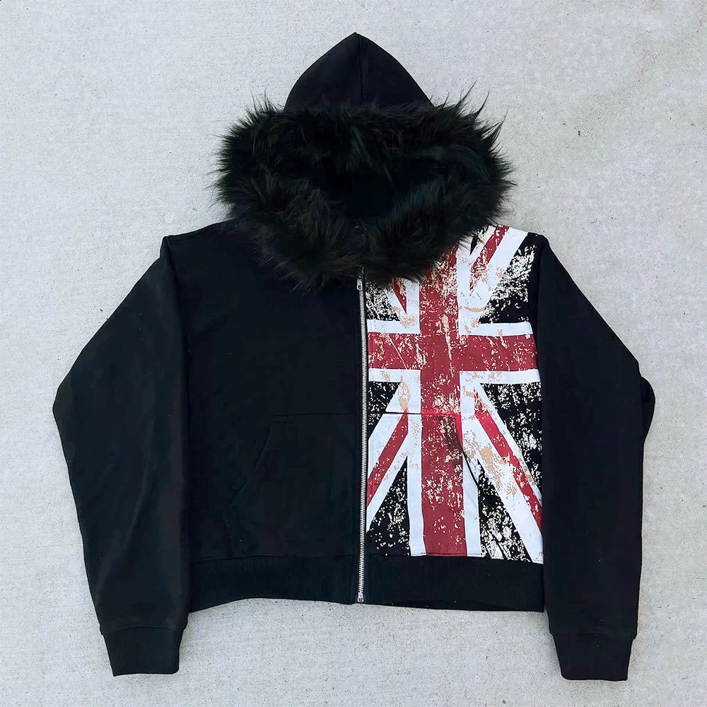 Retro Y2K Ins Fur Collar Printed Zipper Sweatshirt Long Sleeved Pullover Hoodie Street Trend Casual Retro Jacket 250909