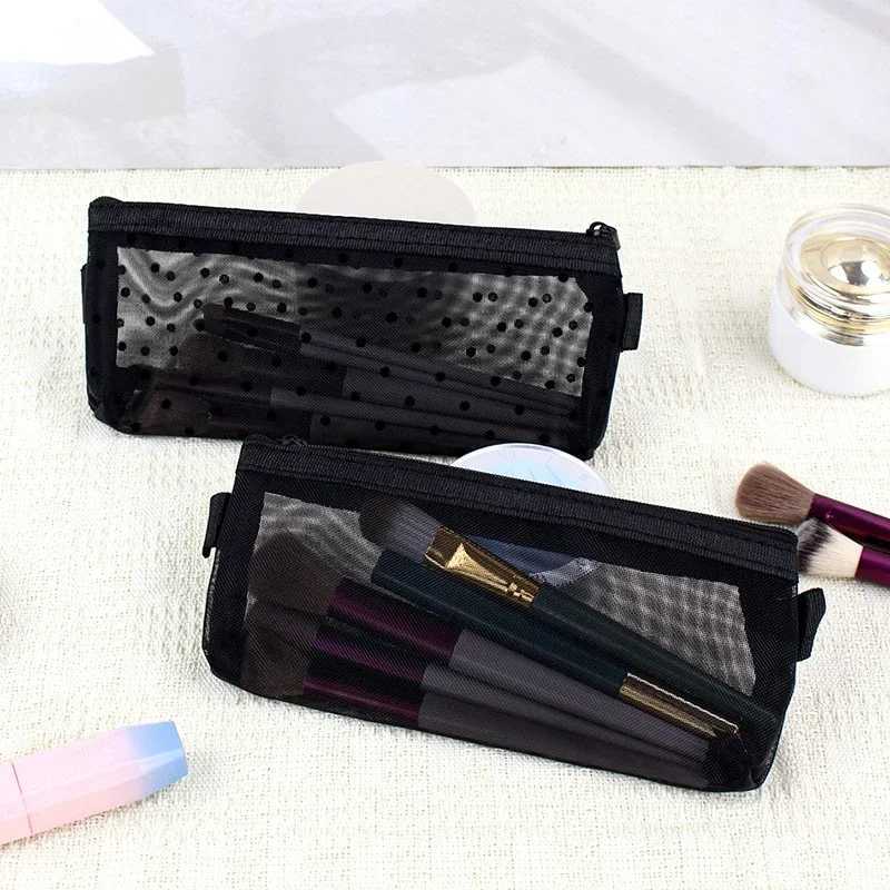 Clear Mesh Cosmetic Makeup Bags Case Makeup Brush Holder Cute Transparent Zipper Black Heart Printed Pencil Pen Case PouchXJ250910