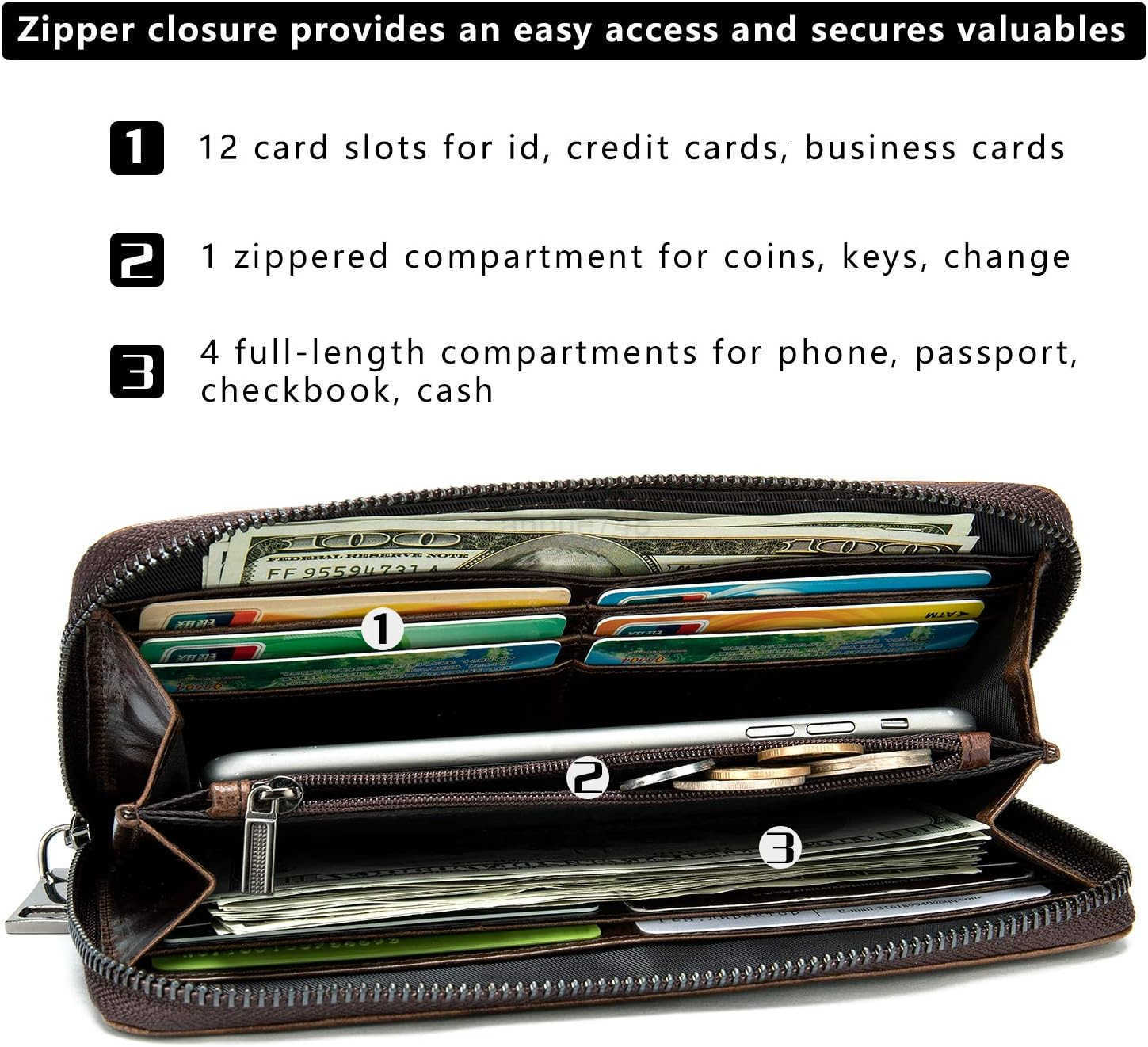 Genuine Leather Cool Long Wallets for Men Personalized Zip Around Wallet Checkbook Cash CARD Holder Wallet CoffeeZ250910