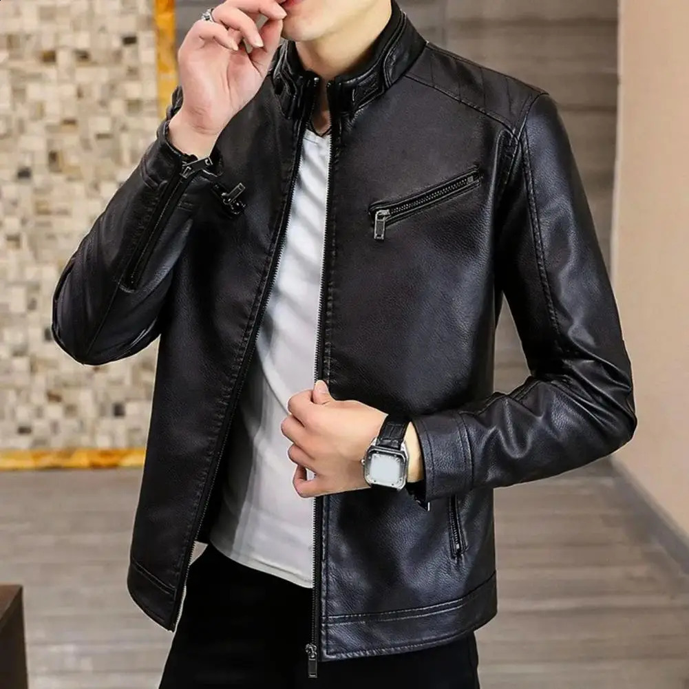 Men Faux Leather Jacket Fleece Lining Mens Fleecelined Stand Collar Stylish Pleated for Autumnwinter 250910