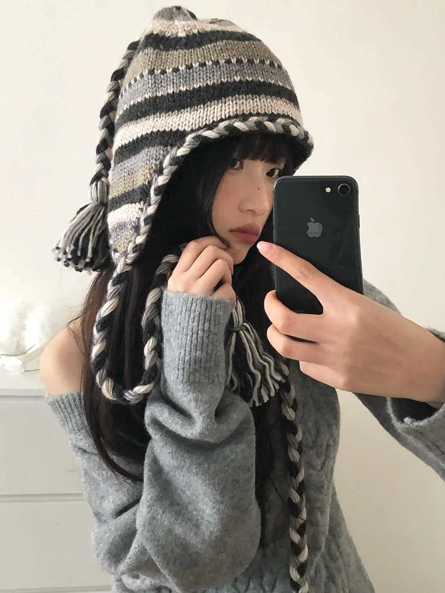 Retro Striped ColorBlocked Knitted Braided Woolen Hat For Women With Wool Earmuffs For Warmth In Autumn AndXJ250910